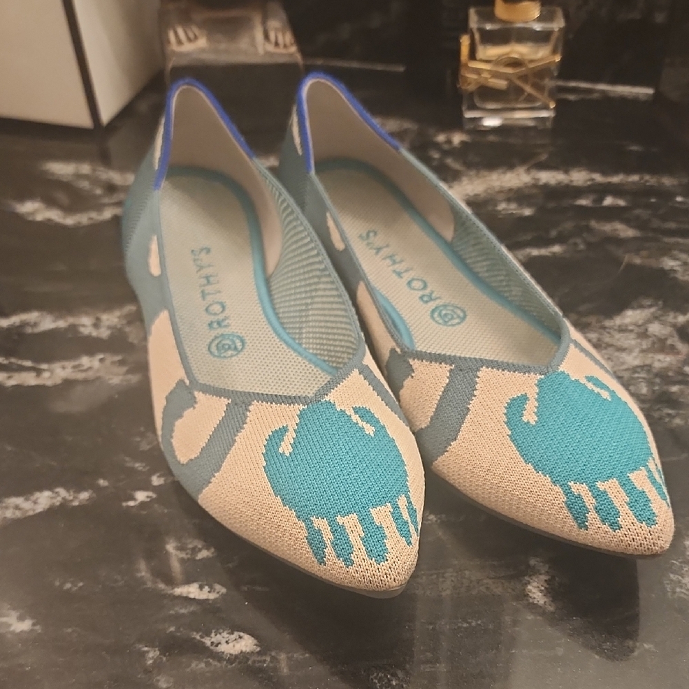 Rothy's Beige and Teal Pointed Toe Flats